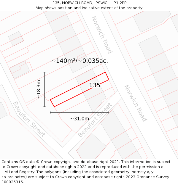 135, NORWICH ROAD, IPSWICH, IP1 2PP: Plot and title map