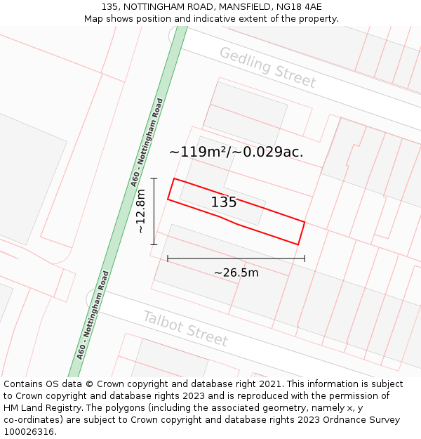 135, NOTTINGHAM ROAD, MANSFIELD, NG18 4AE: Plot and title map