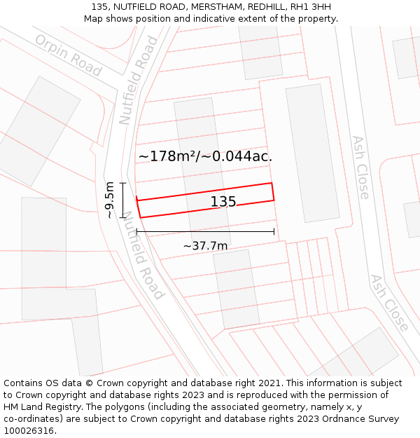 135, NUTFIELD ROAD, MERSTHAM, REDHILL, RH1 3HH: Plot and title map