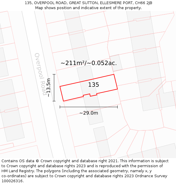 135, OVERPOOL ROAD, GREAT SUTTON, ELLESMERE PORT, CH66 2JB: Plot and title map