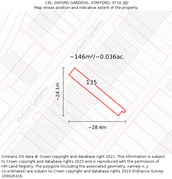 135, OXFORD GARDENS, STAFFORD, ST16 3JD: Plot and title map