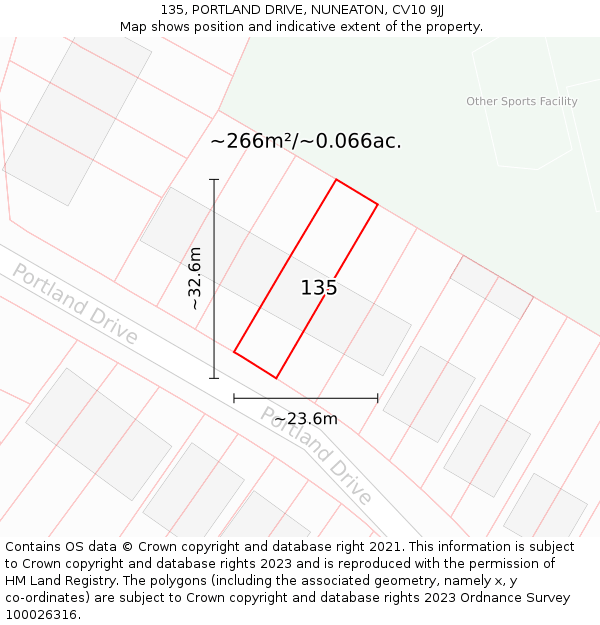 135, PORTLAND DRIVE, NUNEATON, CV10 9JJ: Plot and title map