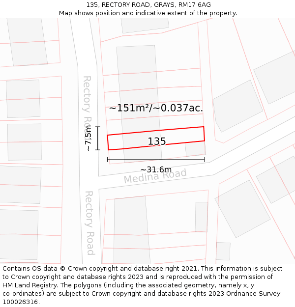 135, RECTORY ROAD, GRAYS, RM17 6AG: Plot and title map