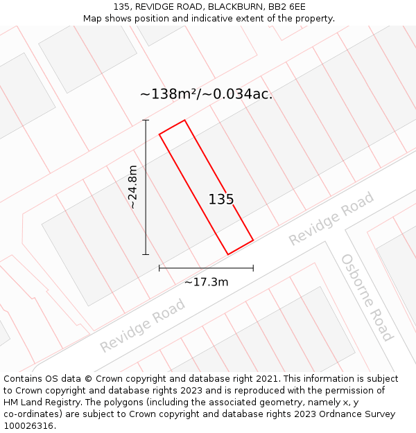 135, REVIDGE ROAD, BLACKBURN, BB2 6EE: Plot and title map
