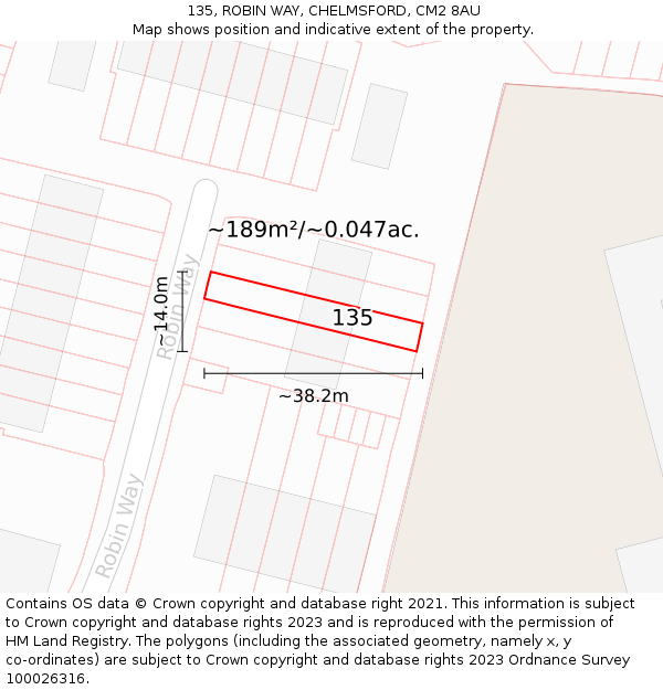 135, ROBIN WAY, CHELMSFORD, CM2 8AU: Plot and title map