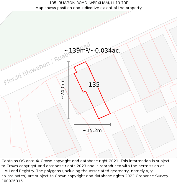 135, RUABON ROAD, WREXHAM, LL13 7RB: Plot and title map