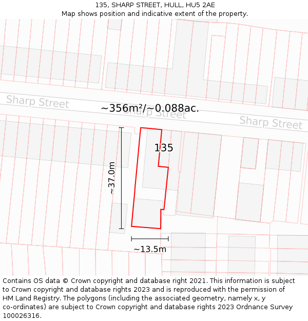 135, SHARP STREET, HULL, HU5 2AE: Plot and title map