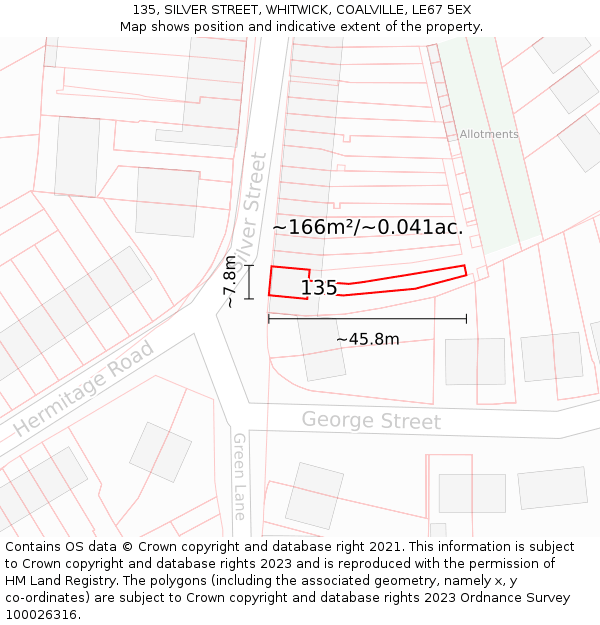135, SILVER STREET, WHITWICK, COALVILLE, LE67 5EX: Plot and title map