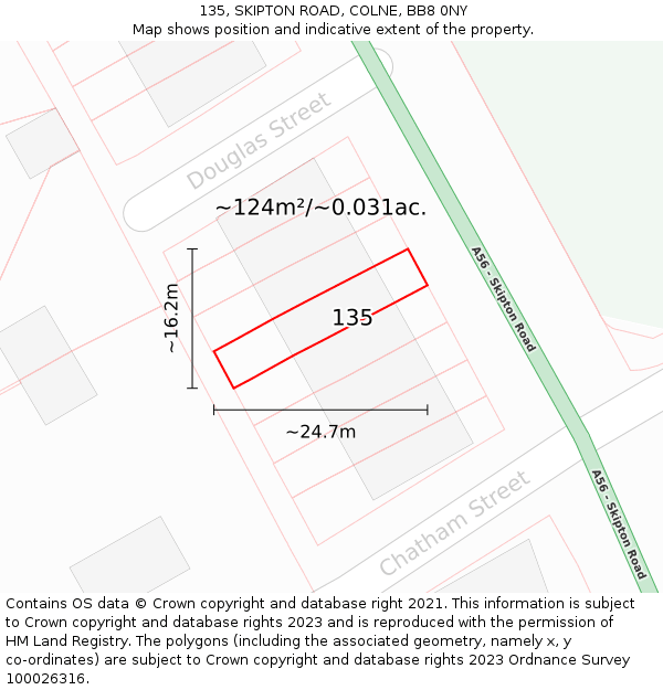 135, SKIPTON ROAD, COLNE, BB8 0NY: Plot and title map