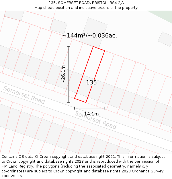 135, SOMERSET ROAD, BRISTOL, BS4 2JA: Plot and title map