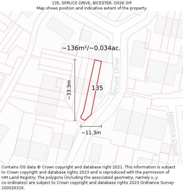 135, SPRUCE DRIVE, BICESTER, OX26 3YF: Plot and title map