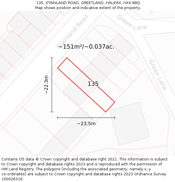 135, STAINLAND ROAD, GREETLAND, HALIFAX, HX4 8BQ: Plot and title map