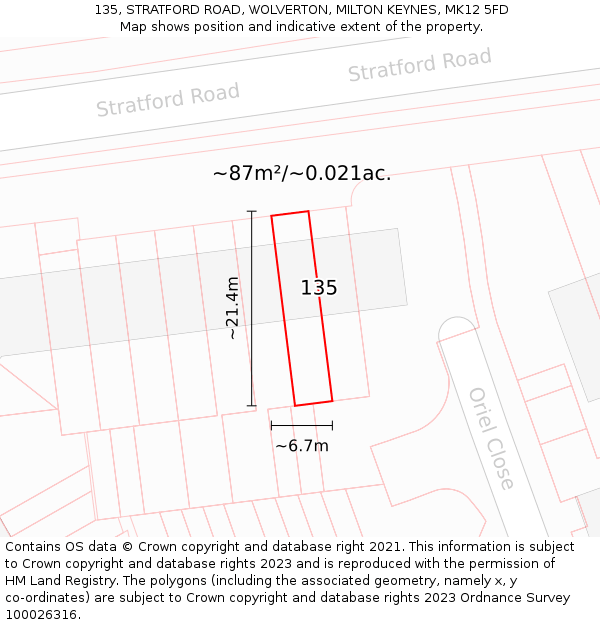 135, STRATFORD ROAD, WOLVERTON, MILTON KEYNES, MK12 5FD: Plot and title map