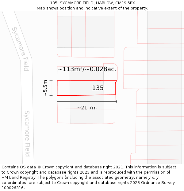 135, SYCAMORE FIELD, HARLOW, CM19 5RX: Plot and title map