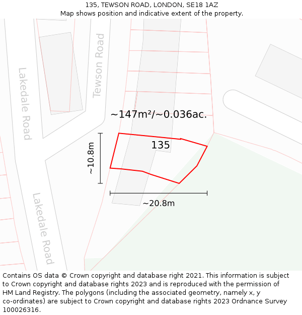 135, TEWSON ROAD, LONDON, SE18 1AZ: Plot and title map