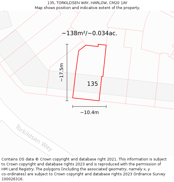 135, TORKILDSEN WAY, HARLOW, CM20 1AY: Plot and title map