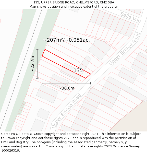 135, UPPER BRIDGE ROAD, CHELMSFORD, CM2 0BA: Plot and title map