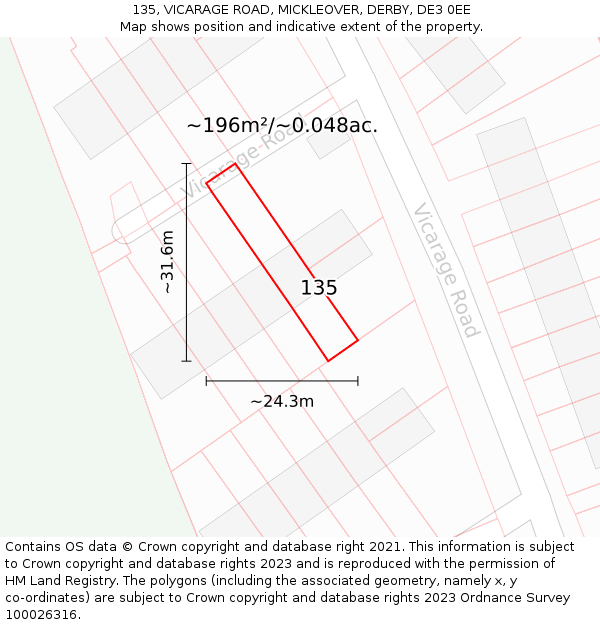 135, VICARAGE ROAD, MICKLEOVER, DERBY, DE3 0EE: Plot and title map