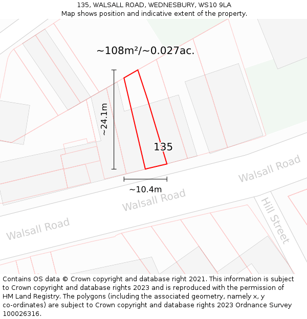 135, WALSALL ROAD, WEDNESBURY, WS10 9LA: Plot and title map