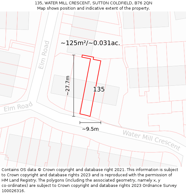 135, WATER MILL CRESCENT, SUTTON COLDFIELD, B76 2QN: Plot and title map