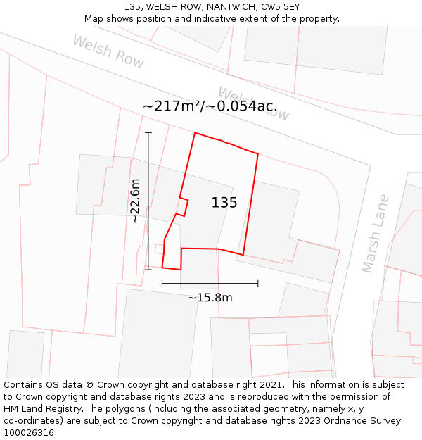 135, WELSH ROW, NANTWICH, CW5 5EY: Plot and title map