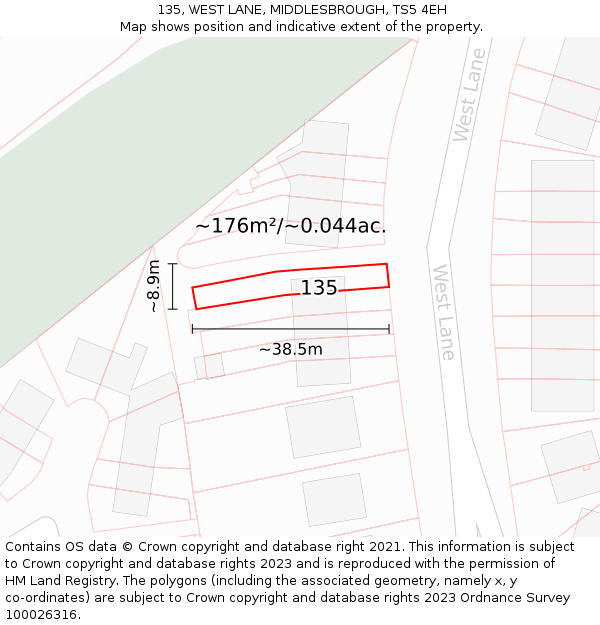 135, WEST LANE, MIDDLESBROUGH, TS5 4EH: Plot and title map
