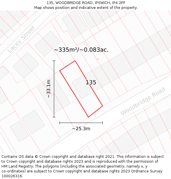 135, WOODBRIDGE ROAD, IPSWICH, IP4 2PF: Plot and title map