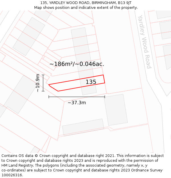 135, YARDLEY WOOD ROAD, BIRMINGHAM, B13 9JT: Plot and title map