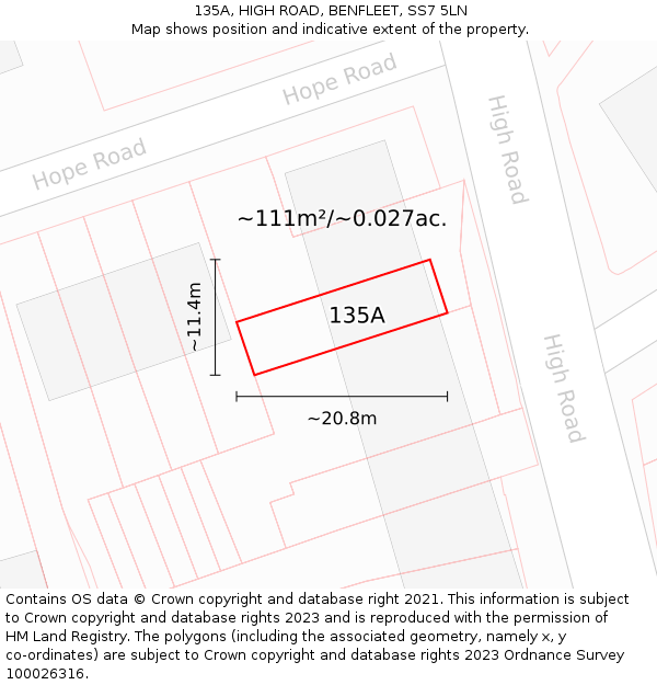 135A, HIGH ROAD, BENFLEET, SS7 5LN: Plot and title map
