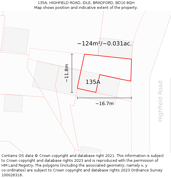 135A, HIGHFIELD ROAD, IDLE, BRADFORD, BD10 8QH: Plot and title map