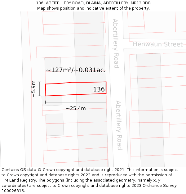 136, ABERTILLERY ROAD, BLAINA, ABERTILLERY, NP13 3DR: Plot and title map