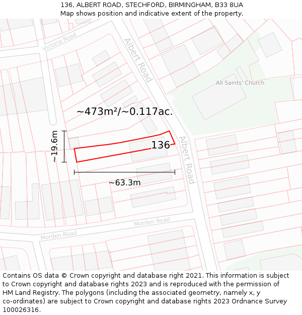 136, ALBERT ROAD, STECHFORD, BIRMINGHAM, B33 8UA: Plot and title map