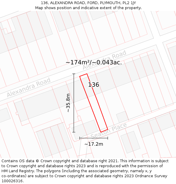 136, ALEXANDRA ROAD, FORD, PLYMOUTH, PL2 1JY: Plot and title map
