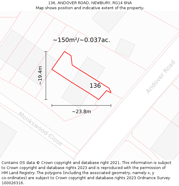136, ANDOVER ROAD, NEWBURY, RG14 6NA: Plot and title map
