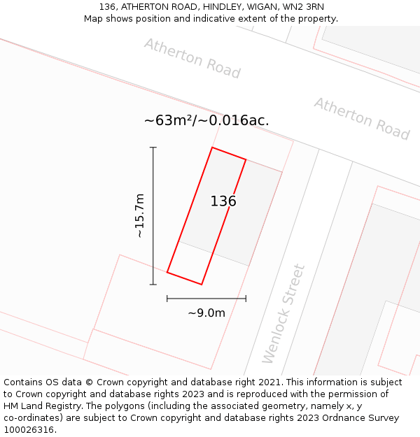 136, ATHERTON ROAD, HINDLEY, WIGAN, WN2 3RN: Plot and title map