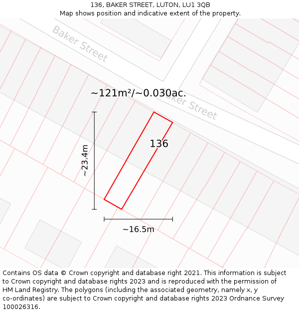136, BAKER STREET, LUTON, LU1 3QB: Plot and title map