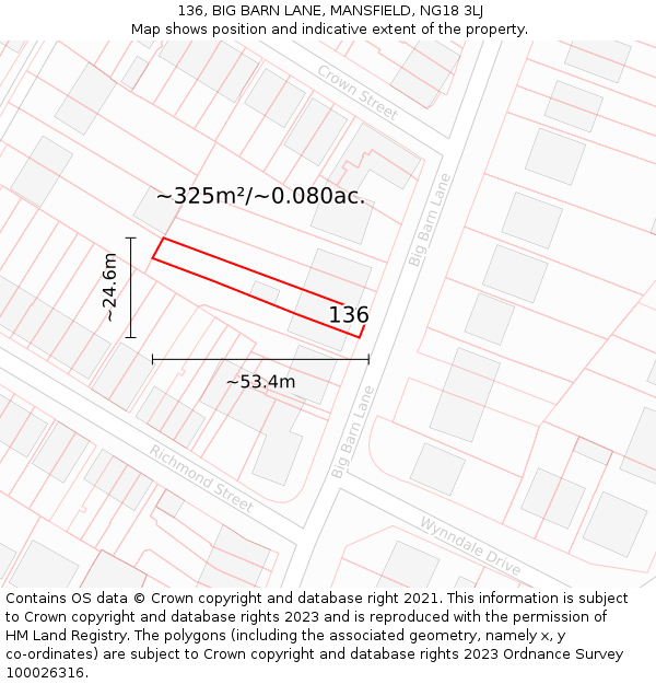 136, BIG BARN LANE, MANSFIELD, NG18 3LJ: Plot and title map
