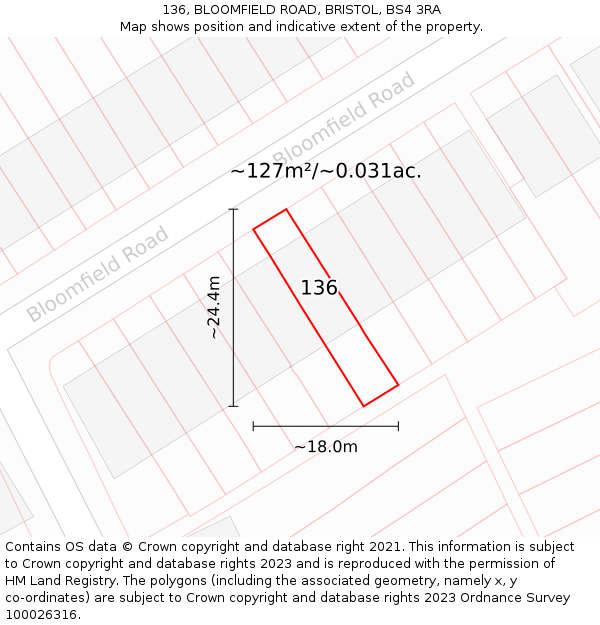 136, BLOOMFIELD ROAD, BRISTOL, BS4 3RA: Plot and title map
