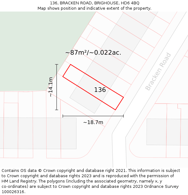 136, BRACKEN ROAD, BRIGHOUSE, HD6 4BQ: Plot and title map