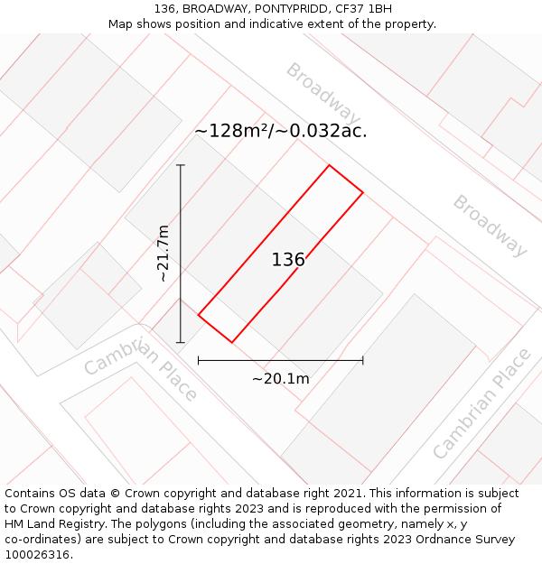 136, BROADWAY, PONTYPRIDD, CF37 1BH: Plot and title map