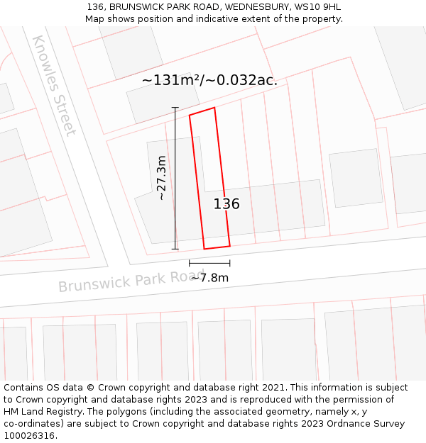 136, BRUNSWICK PARK ROAD, WEDNESBURY, WS10 9HL: Plot and title map