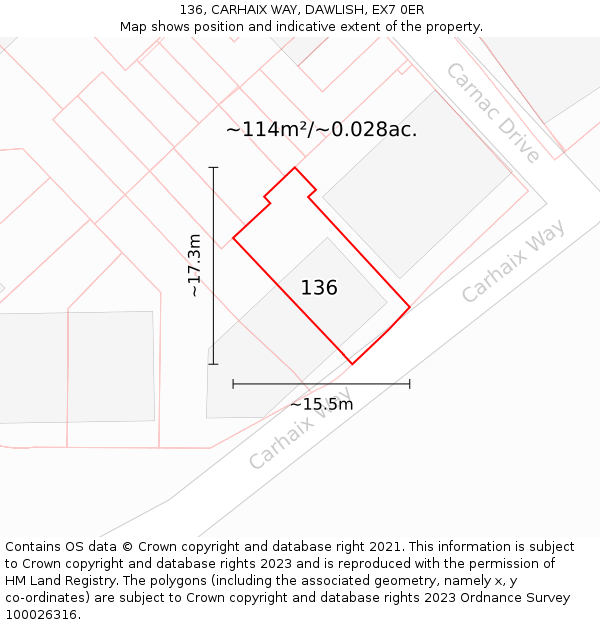136, CARHAIX WAY, DAWLISH, EX7 0ER: Plot and title map
