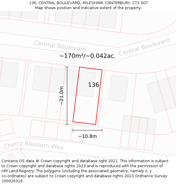 136, CENTRAL BOULEVARD, AYLESHAM, CANTERBURY, CT3 3GT: Plot and title map