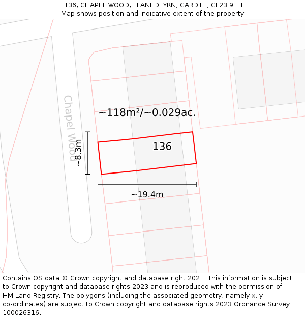 136, CHAPEL WOOD, LLANEDEYRN, CARDIFF, CF23 9EH: Plot and title map