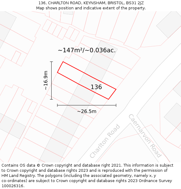 136, CHARLTON ROAD, KEYNSHAM, BRISTOL, BS31 2JZ: Plot and title map