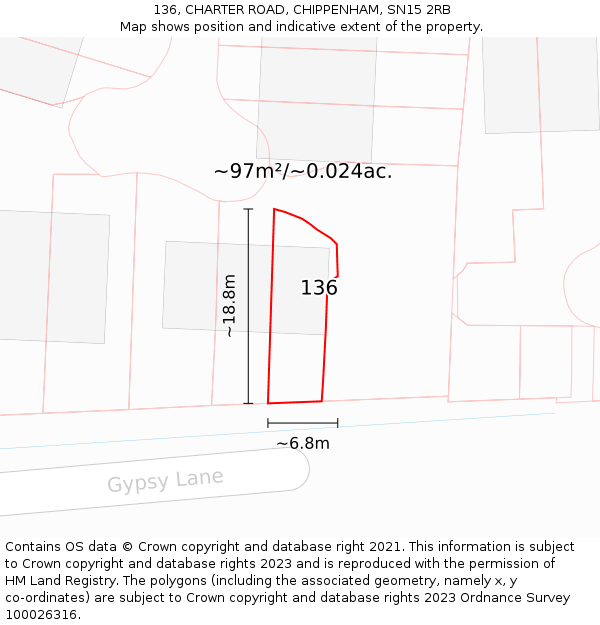 136, CHARTER ROAD, CHIPPENHAM, SN15 2RB: Plot and title map