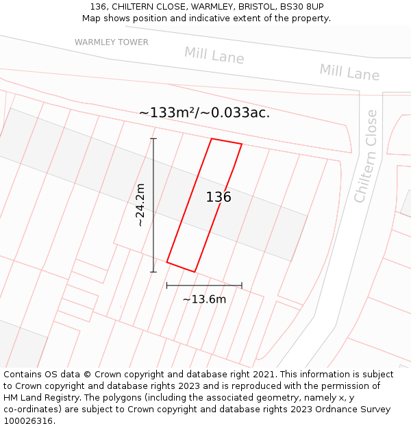 136, CHILTERN CLOSE, WARMLEY, BRISTOL, BS30 8UP: Plot and title map