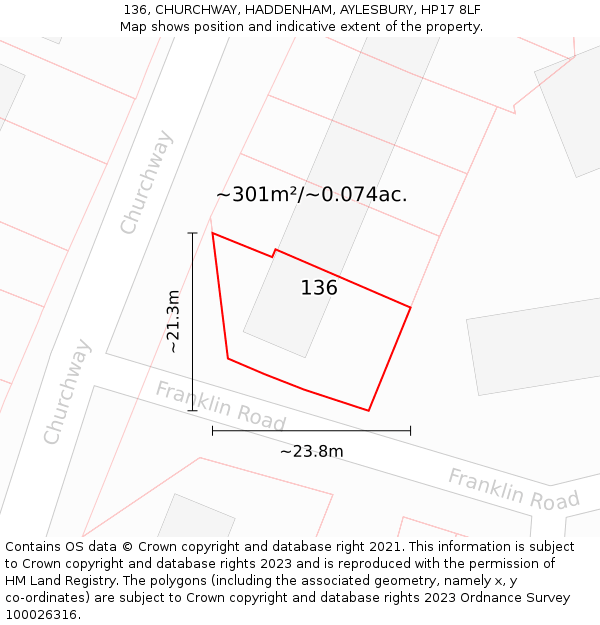136, CHURCHWAY, HADDENHAM, AYLESBURY, HP17 8LF: Plot and title map