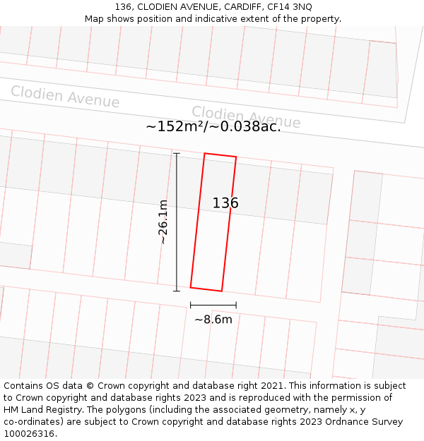 136, CLODIEN AVENUE, CARDIFF, CF14 3NQ: Plot and title map
