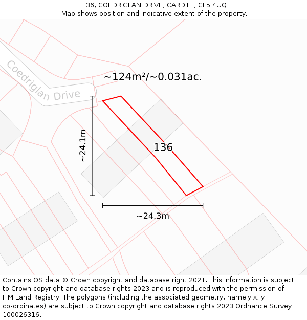 136, COEDRIGLAN DRIVE, CARDIFF, CF5 4UQ: Plot and title map
